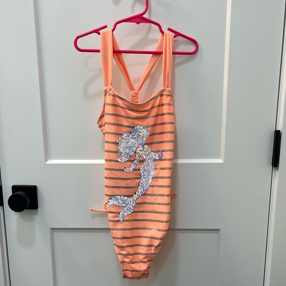Justice Coral Peach & Silver Striped Swimsuit Reversible Sequin Mermaid, Size 10